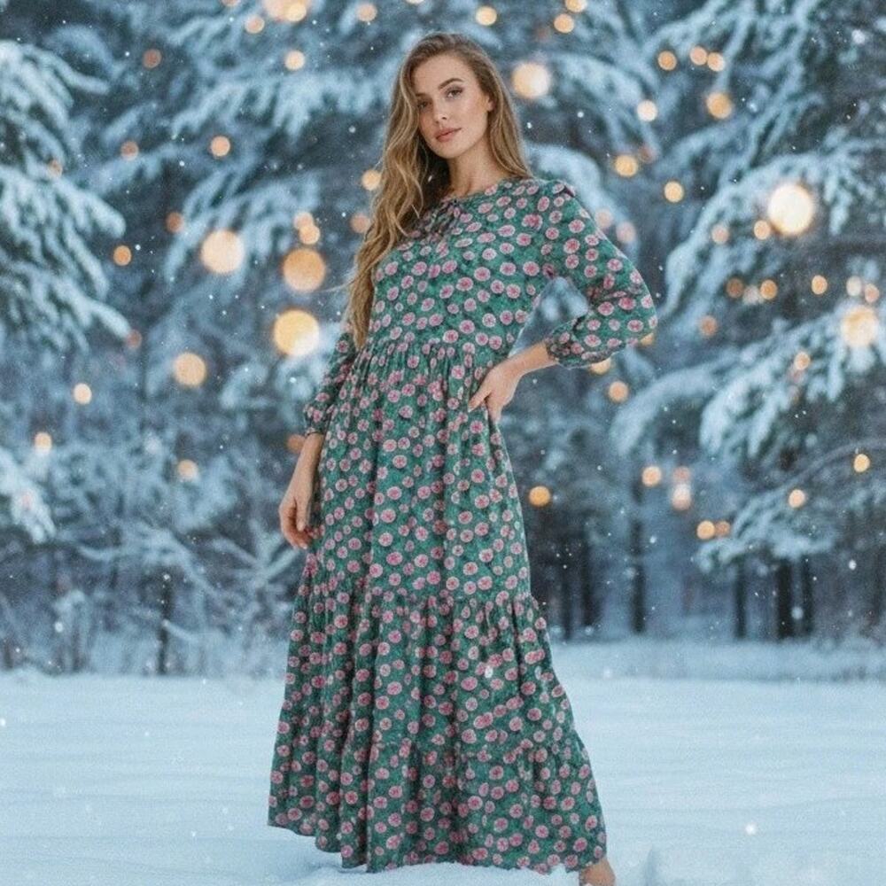 Green Long Sleeve Maxi Dress Deep Pink Flowers Size M | Boho Festival